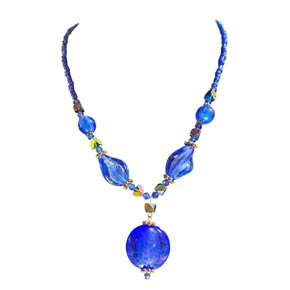U and I Blue glass necklace beaded 18" - Picture 1 of 3